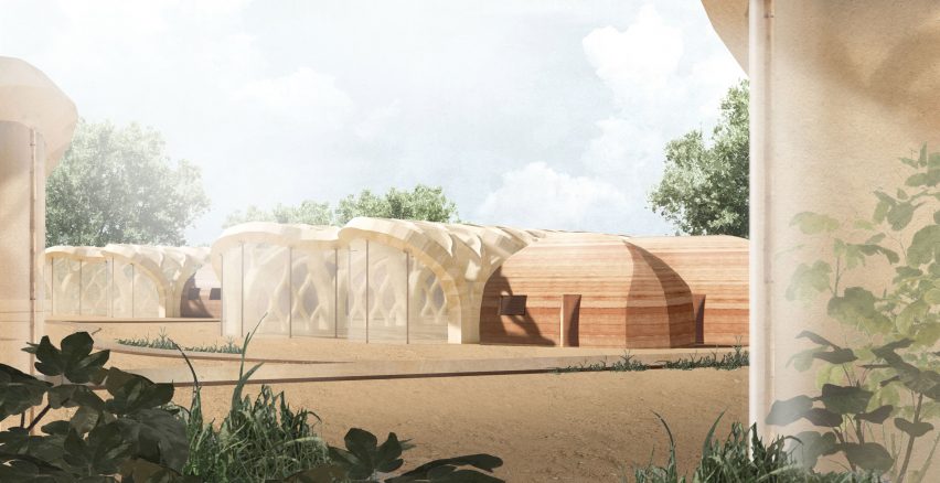 Eliza Hague designs inflatable origami-like "greenhouse villages" from bamboo and shellac