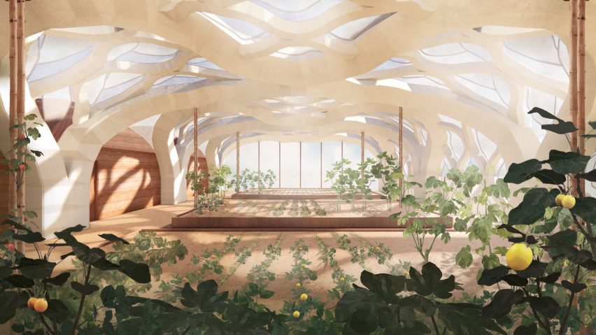 Eliza Hague designs inflatable origami-like "greenhouse villages" from bamboo and shellac