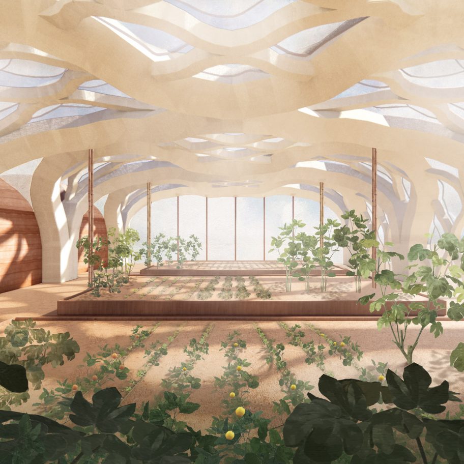 Eliza Hague designs inflatable origami-like "greenhouse villages" from bamboo and shellac