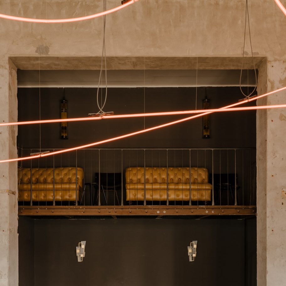 Kink restaurant in Berlin is dominated by a red-neon light installation