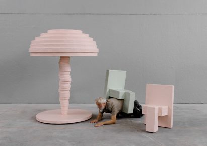 Studio Nucleo animates geometric Primitive furniture with pastel hues for Nilufar Gallery