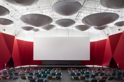 Pop-up cinema informed by a Bedouin tent outside OMA's Garage Museum of Contemporary Art in Moscow by SNKH