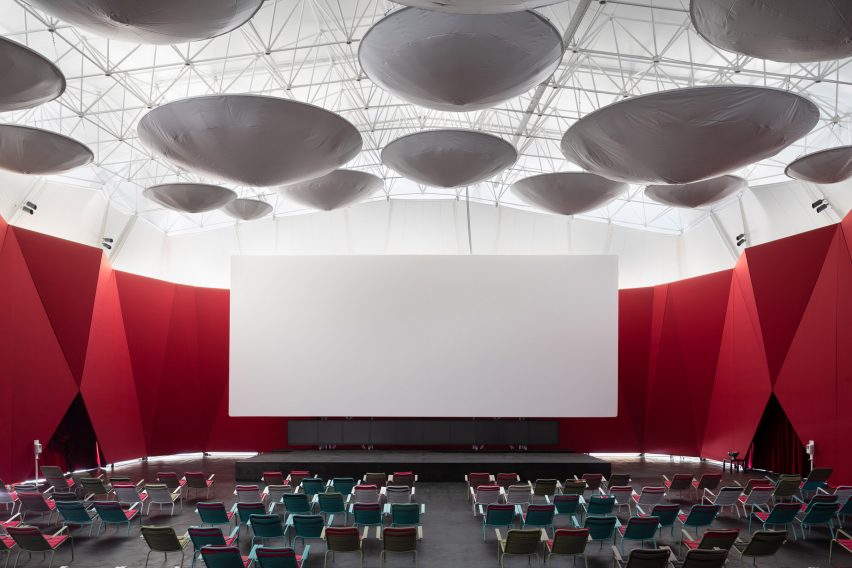 Pop-up cinema informed by a Bedouin tent outside OMA's Garage Museum of Contemporary Art in Moscow by SNKH