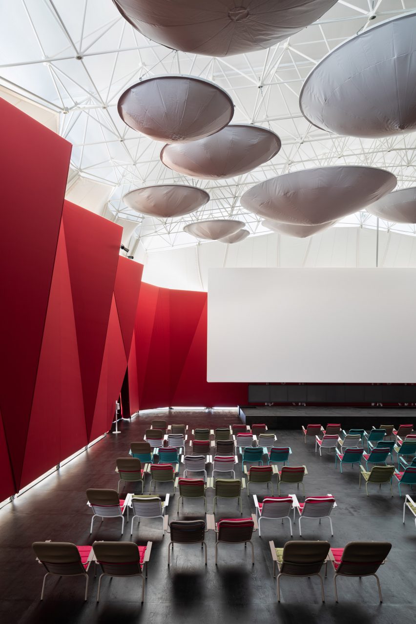 Pop-up cinema informed by a Bedouin tent outside OMA's Garage Museum of Contemporary Art in Moscow by SNKH