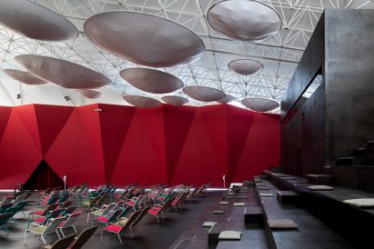 Pop-up cinema informed by a Bedouin tent outside OMA's Garage Museum of Contemporary Art in Moscow by SNKH