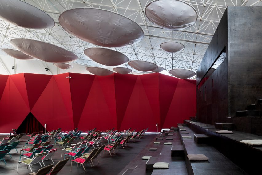 Pop-up cinema informed by a Bedouin tent outside OMA's Garage Museum of Contemporary Art in Moscow by SNKH
