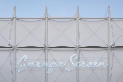 Pop-up cinema informed by a Bedouin tent outside OMA's Garage Museum of Contemporary Art in Moscow by SNKH