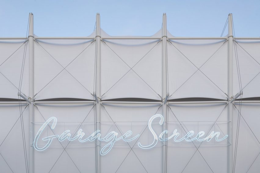 Pop-up cinema informed by a Bedouin tent outside OMA's Garage Museum of Contemporary Art in Moscow by SNKH