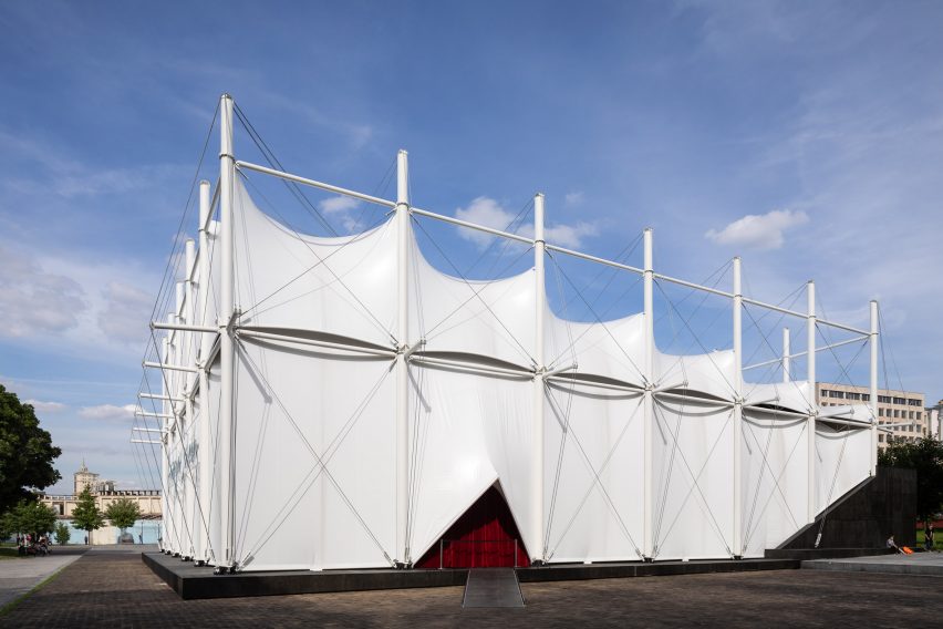 Pop-up cinema informed by a Bedouin tent outside OMA's Garage Museum of Contemporary Art in Moscow by SNKH
