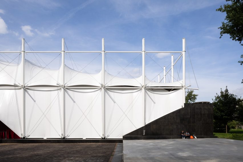 Pop-up cinema informed by a Bedouin tent outside OMA's Garage Museum of Contemporary Art in Moscow by SNKH