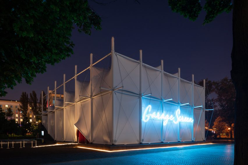 Pop-up cinema informed by a Bedouin tent outside OMA's Garage Museum of Contemporary Art in Moscow by SNKH