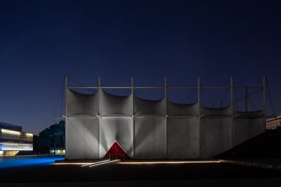Pop-up cinema informed by a Bedouin tent outside OMA's Garage Museum of Contemporary Art in Moscow by SNKH