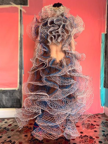 Ruffled dress in Alexandra Sipa's CSM graduate collection Romanian Camouflage