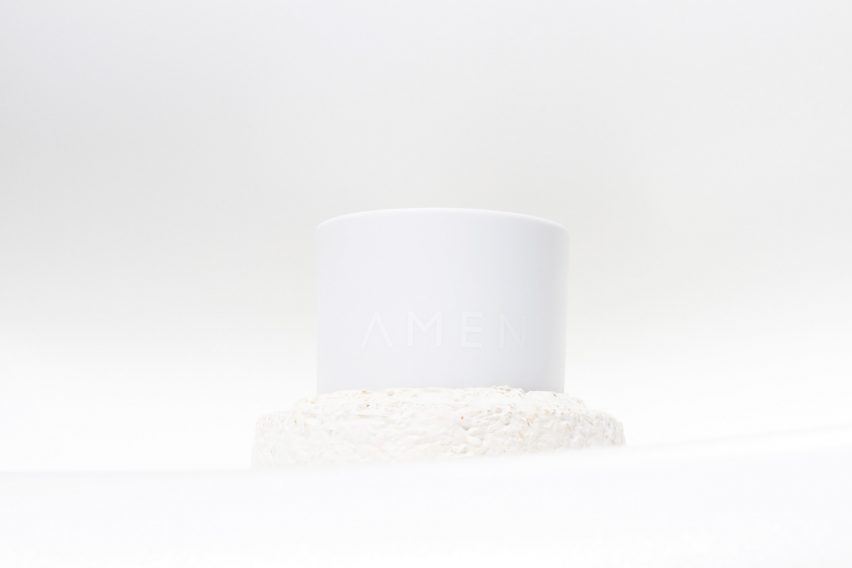 Amen candles are shipped in "carbon negative" mycelium packaging