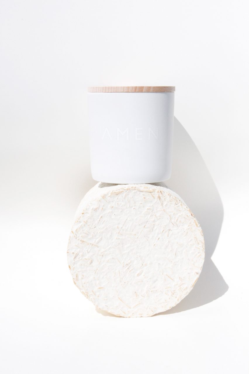 Amen candles are shipped in "carbon negative" mycelium packaging