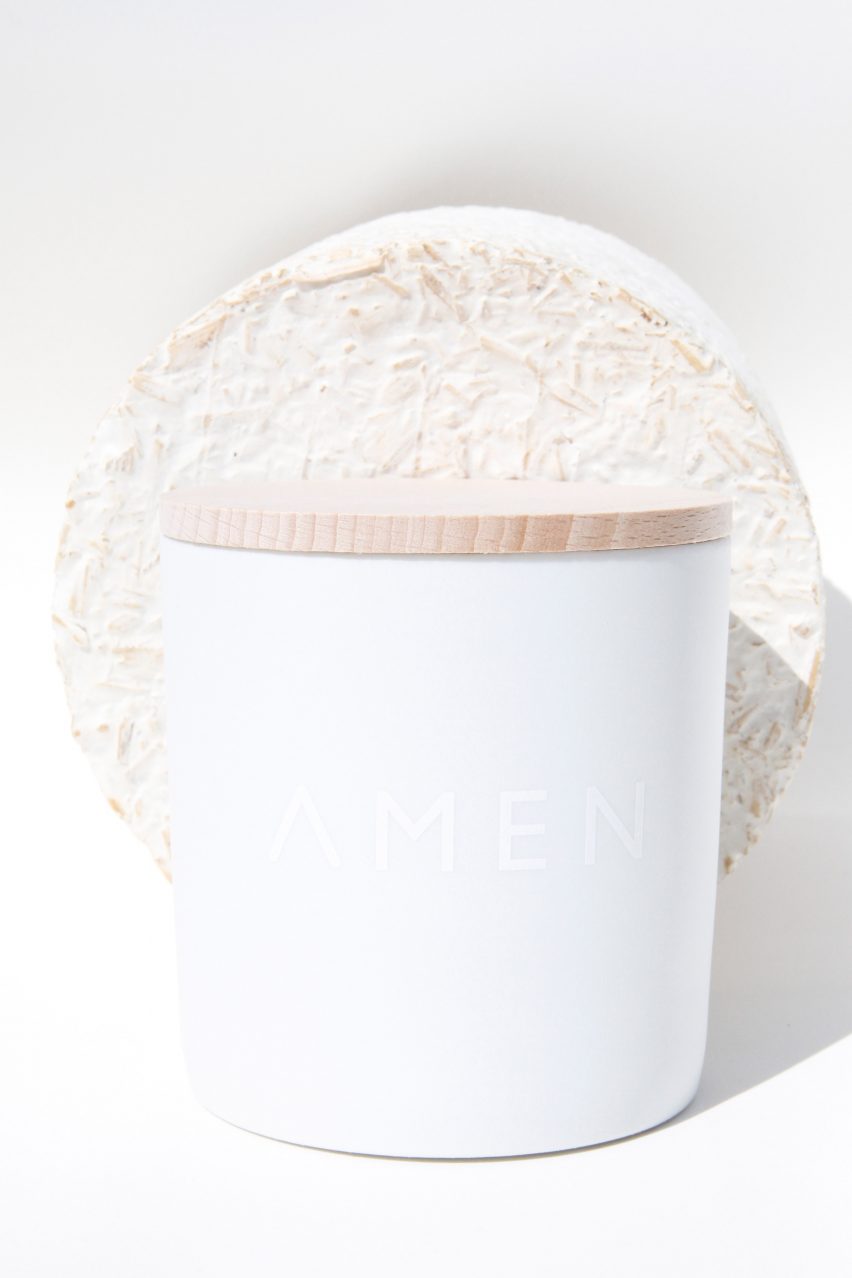 Amen candles are shipped in "carbon negative" mycelium packaging