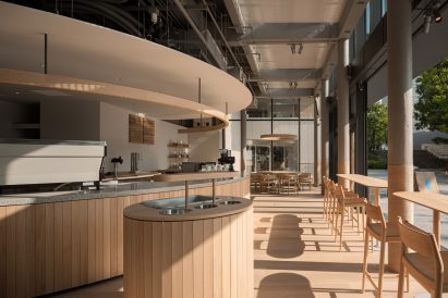 Interior of Blue Bottle Coffee cafe in Minatomirai