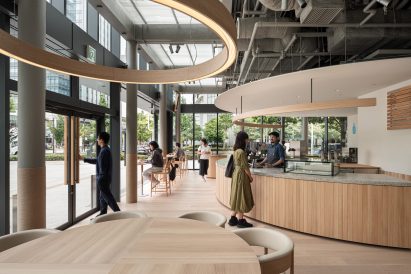 Interior of Blue Bottle Coffee cafe in Minatomirai