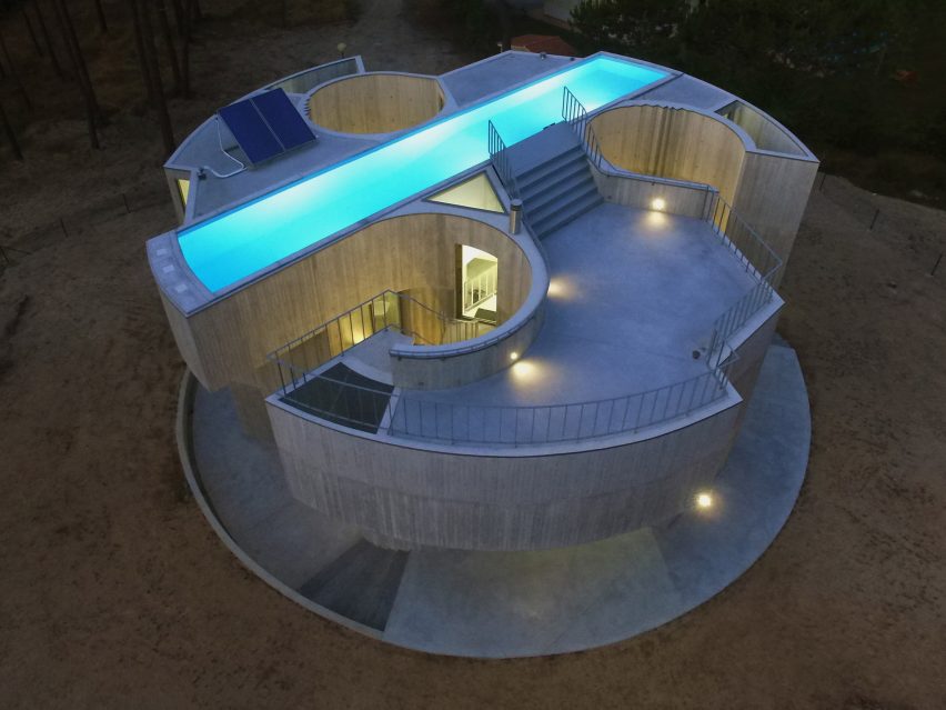 Drone view of pool for Trefoil House in Portugal by Double O Studio