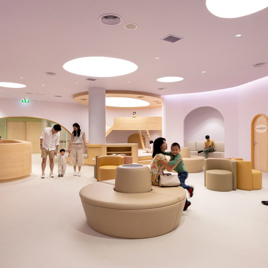 Pink waiting room in children's hospital designed by Integrated Field