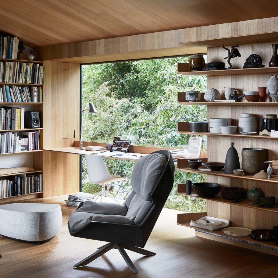 Study lined with wood in Kew Residence by John Wardle Architects in Melbourne, Australia