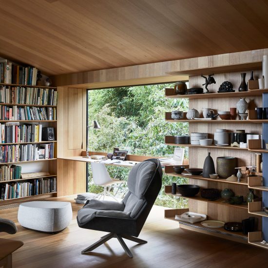 Study lined with wood in Kew Residence by John Wardle Architects in Melbourne, Australia