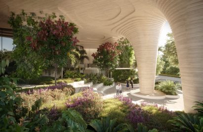 Park at the base of Urban Forest high rise apartment building in Brisbane by Koichi Takada Architects