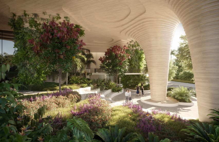 Park at the base of Urban Forest high rise apartment building in Brisbane by Koichi Takada Architects