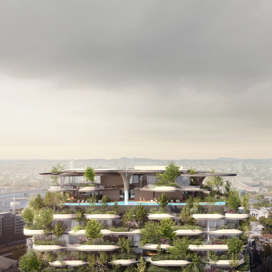 Rooftop garden of Urban Forest high rise apartment building in Brisbane by Koichi Takada Architects