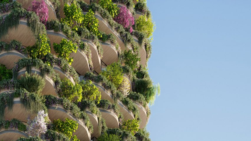 Plants cover facade of Urban Forest high rise apartment building in Brisbane by Koichi Takada Architects