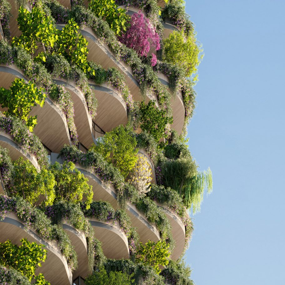Plants cover facade of Urban Forest high rise apartment building in Brisbane by Koichi Takada Architects