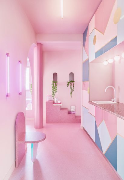 Kitchen of Minimal Fantasy, a pink apartment in Madrid