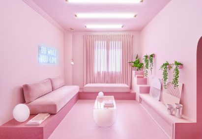 Living room of Minimal Fantasy, a pink apartment in Madrid