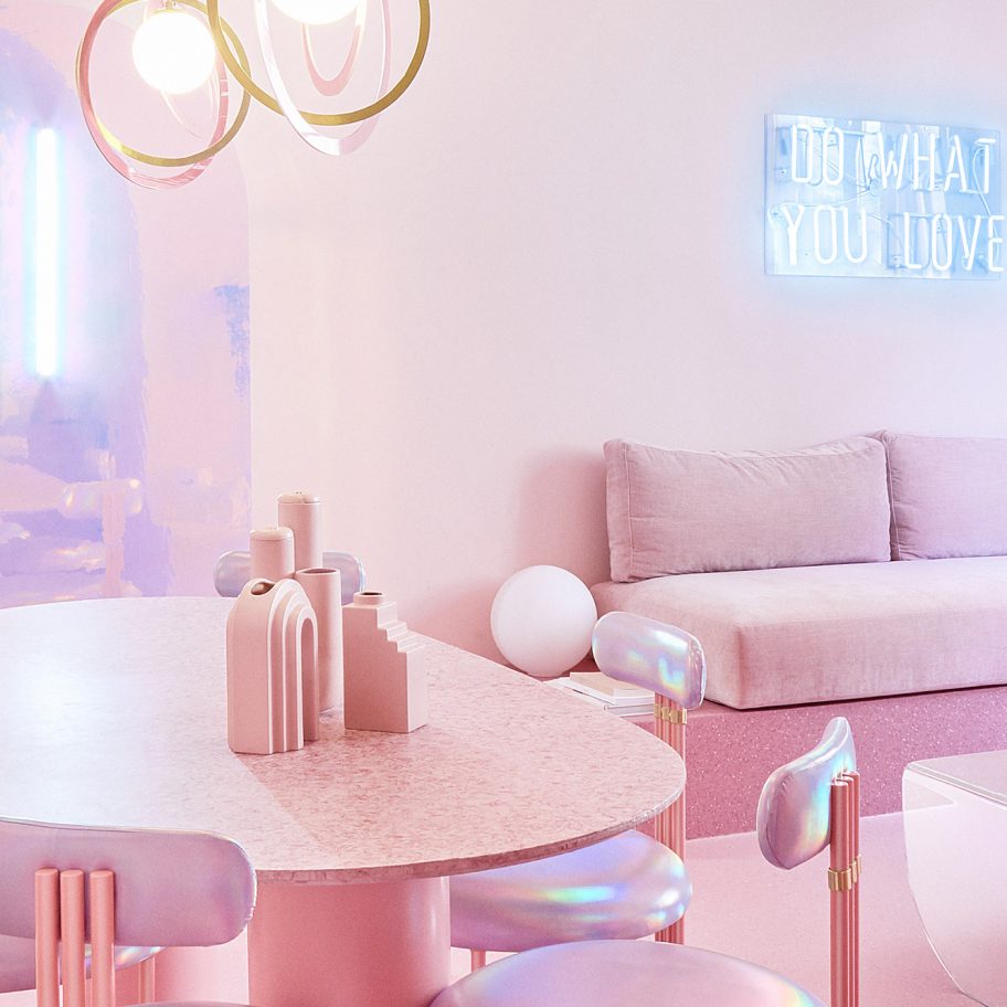 Living room of Minimal Fantasy, a pink apartment in Madrid