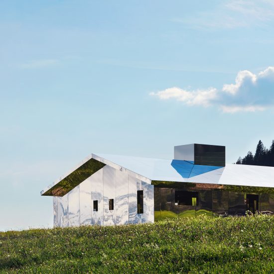 Mirage Gstaad mirrored building art installation by Doug Aitken in Switzerland in summer