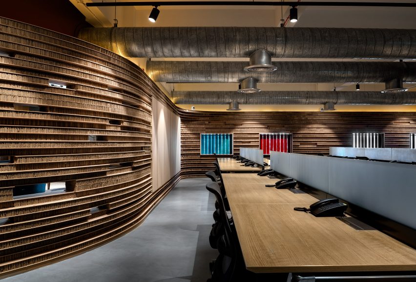 Desks in Walls of of Office in Cardboard by Studio VDGA in Pune, India