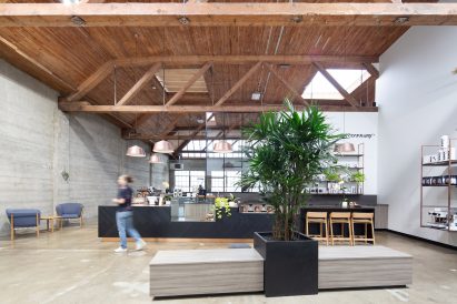Entrance view of Pallet Coffee Roasters HQ by Alice D'Andrea