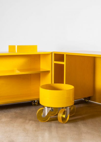 The interior of Sabine Marcelis's Candy Cubicle desk is bright yellow
