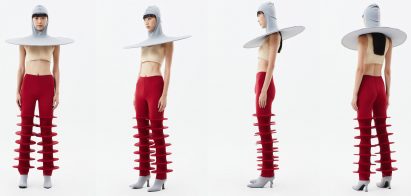 Red trousers and cape from the pop-up tent-inspired In Between collection
