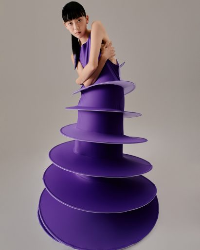 Purple A-line dress from Sun Woo's In Between collection