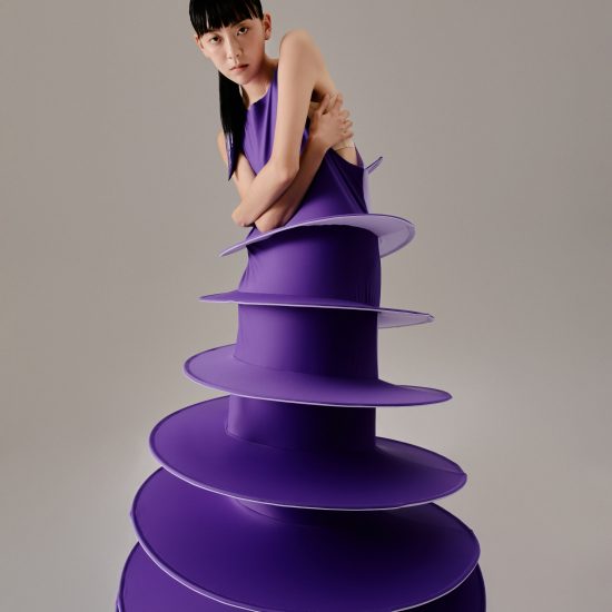 Purple A-line dress from Sun Woo's In Between collection