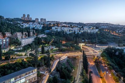 Aerial view of the Technion Entrance Gate bridge at night