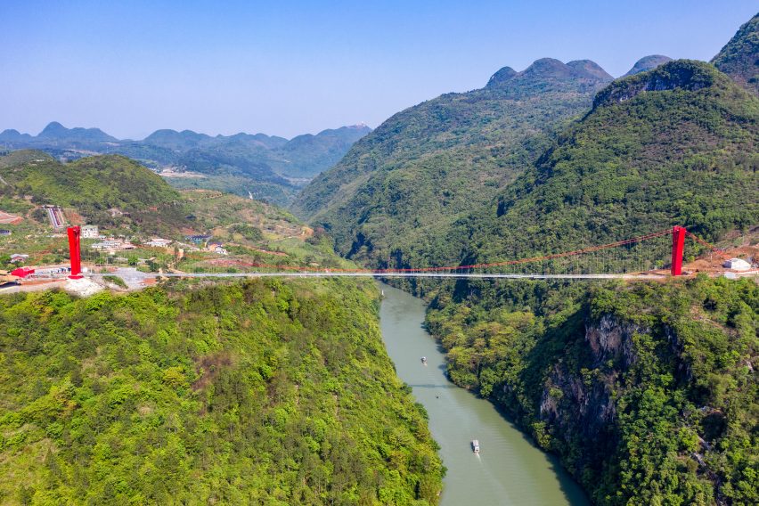 World's longest glass-bottomed bridge in Huangchuan Three Gorges Scenic Area in southern China