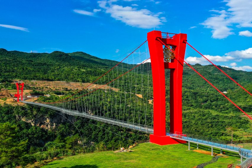 World's longest glass-bottomed bridge in Huangchuan Three Gorges Scenic Area in southern China