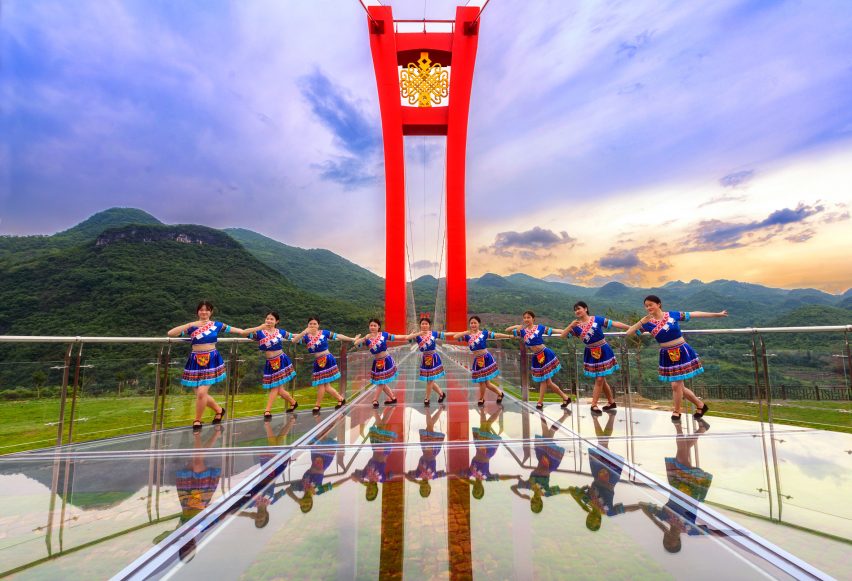 World's longest glass-bottomed bridge in Huangchuan Three Gorges Scenic Area in southern China