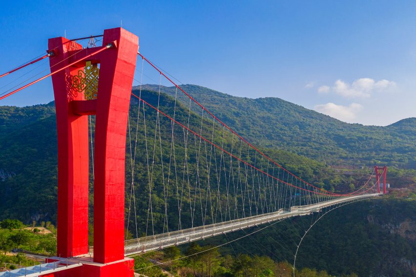 World's longest glass-bottomed bridge in Huangchuan Three Gorges Scenic Area in southern China