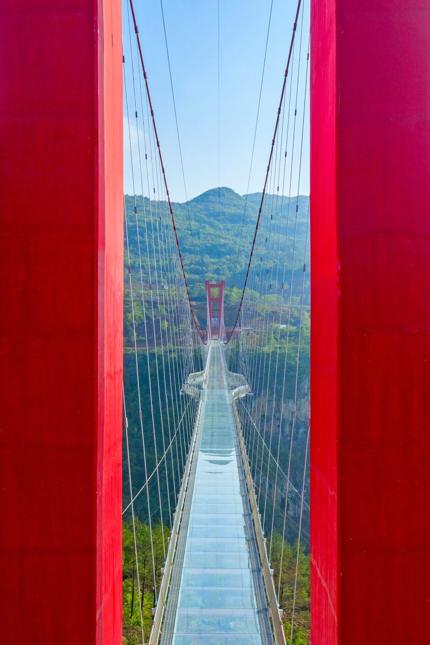 World's longest glass-bottomed bridge in Huangchuan Three Gorges Scenic Area in southern China