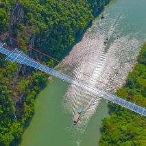 World's longest glass-bottomed bridge in Huangchuan Three Gorges Scenic Area in southern China
