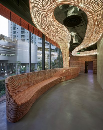 Rattan bench at Bangkok Yoga studio