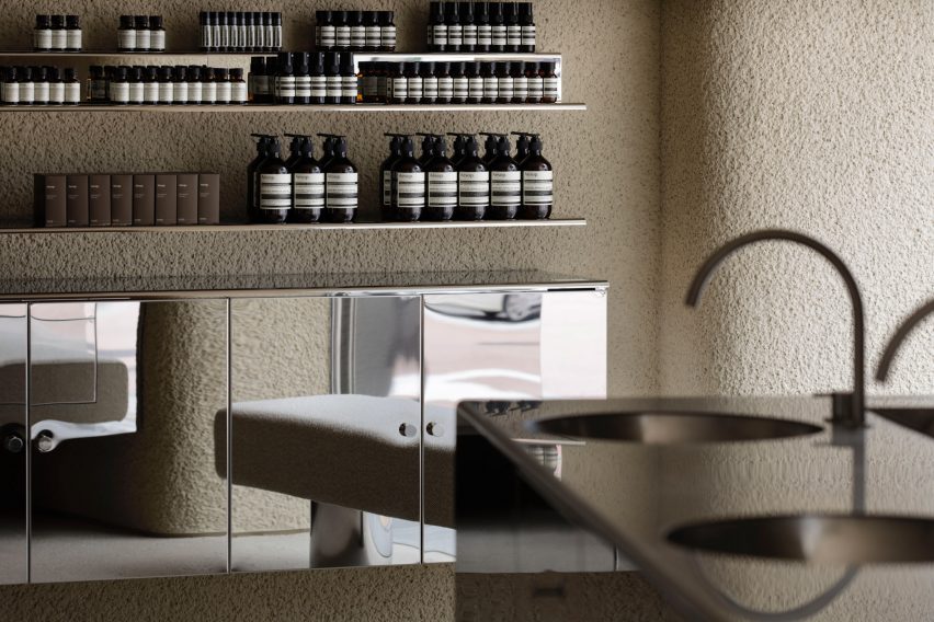 Aesop in Shinjuku features plaster walls and steel fixtures